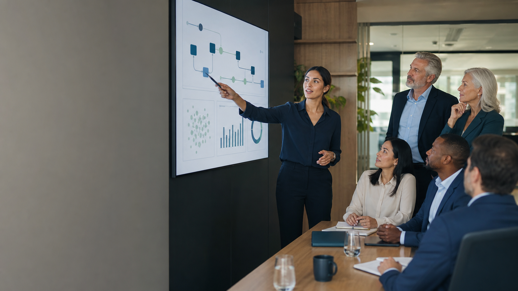 A young professional presenting an AI-enabled workflow to a multigenerational executive team