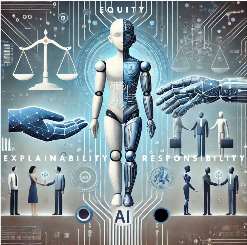 Artificial intelligence, equity, explainability, and responsibility represented through balanced human and robotic figures